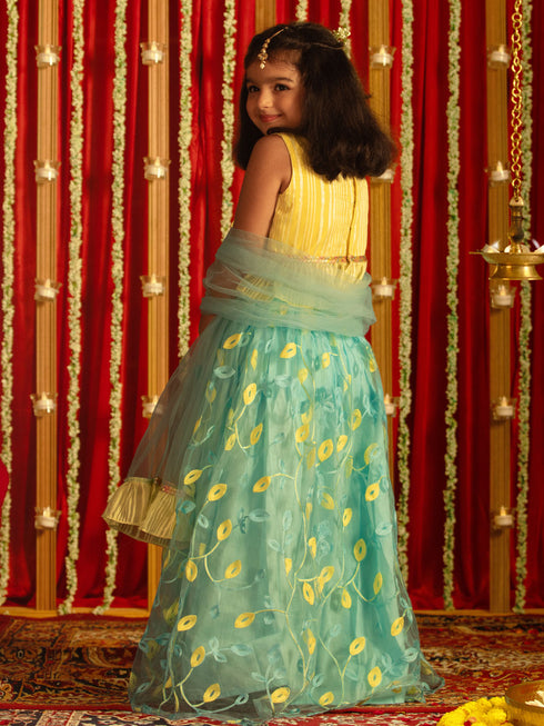 Girl's' Yellow Crop Top And Aqua Lehenga With Ruffled Dupatta Set